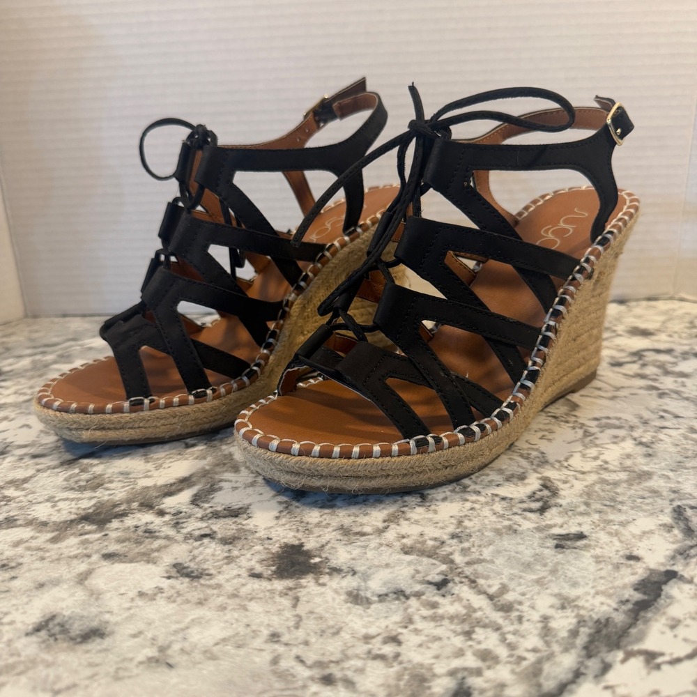 Sugar Hunnies Black Espadrille Wedge Sandals Lace Up Strappy Cage Heel Size 7